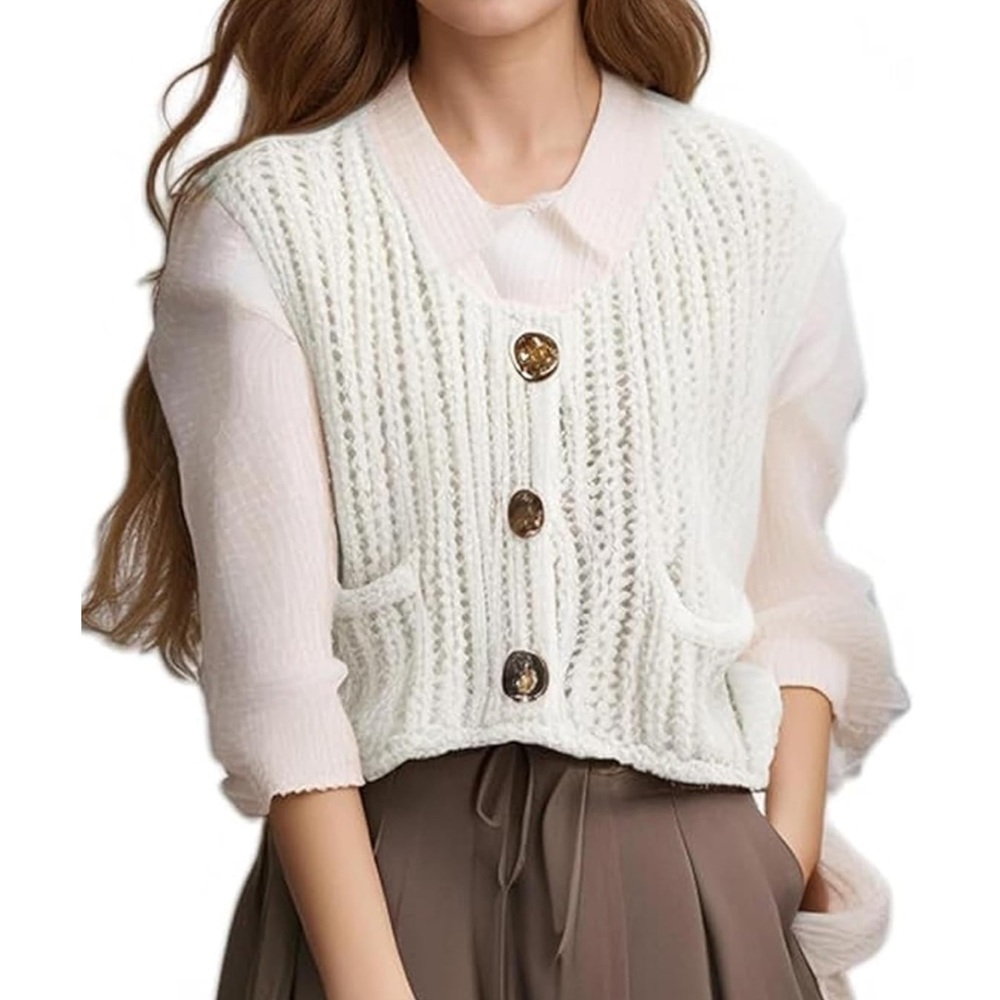 Elegant Off White Sweater Vest with Button Detail Size Medium